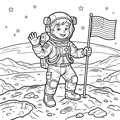 Astronaut Kid on the Moon Coloring Page