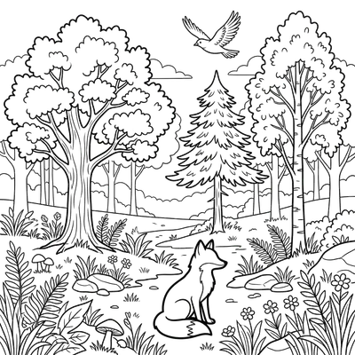 Forest and Fox Coloring Page