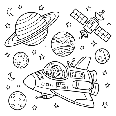 Planets and Spaceship Coloring Page