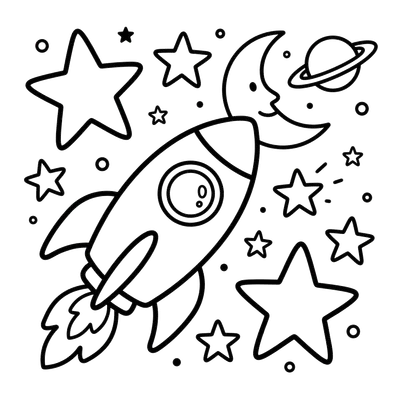 Rocket and Stars Coloring Page